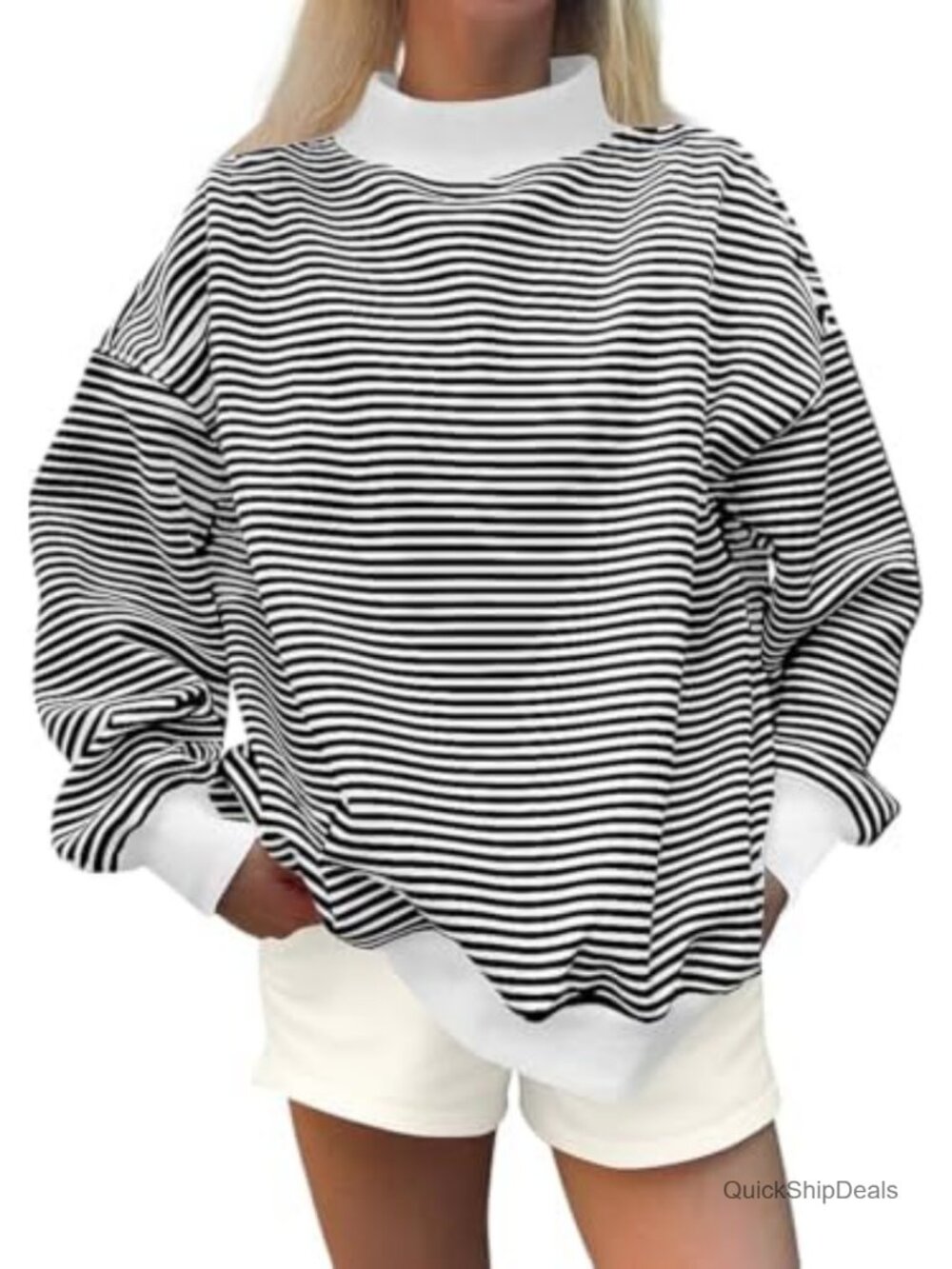 Oversized Striped Mock Neck Sweatshirt Women Long Sleeve Pullover Athleisure